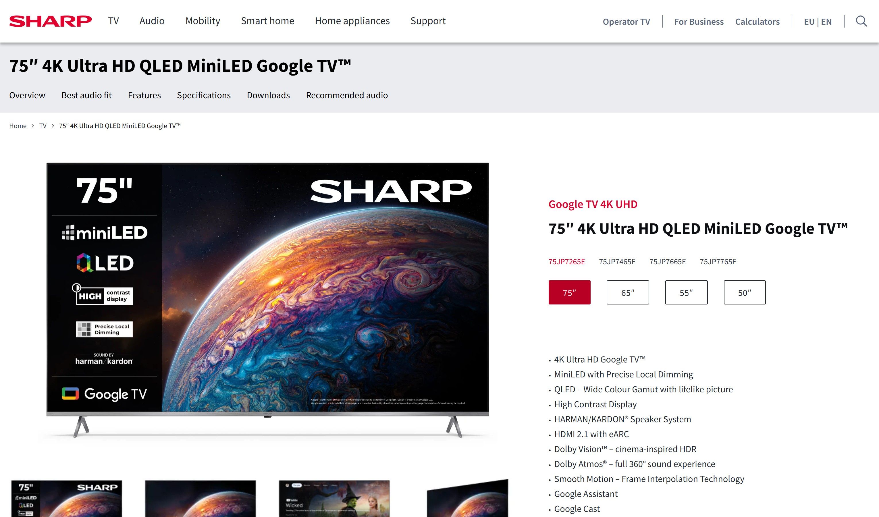 Detail produktovej stránky Sharp so špecifikáciami a dokumentmi na stiahnutie